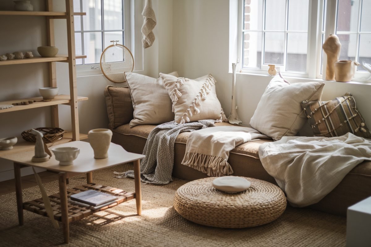Salon craftcore avec céramiques artisanales, lin naturel et bois brut